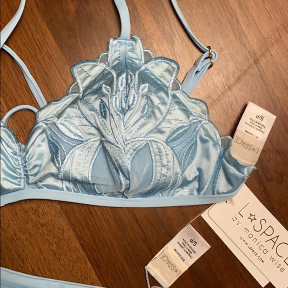 L*Space Jean Top Claude Bottoms Bikini Blue Full Set Satin